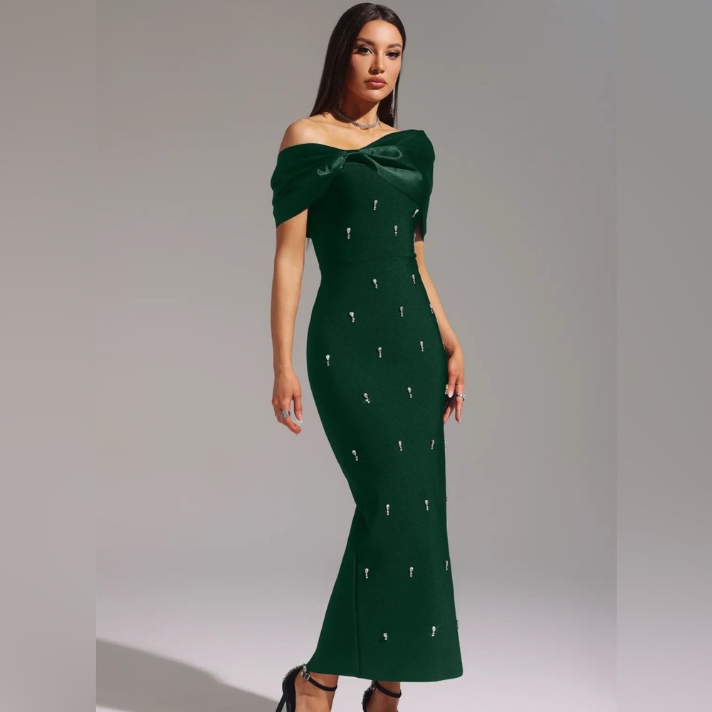 Bella Barnett Off Shoulder Bow Bandage Dress, Green, Size XL, NWT - Picture 2 of 3